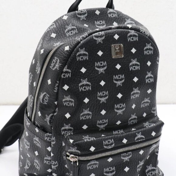 MCM Stark Backpack Visetos White Logo Medium - Black/White - Picture 1 of 16
